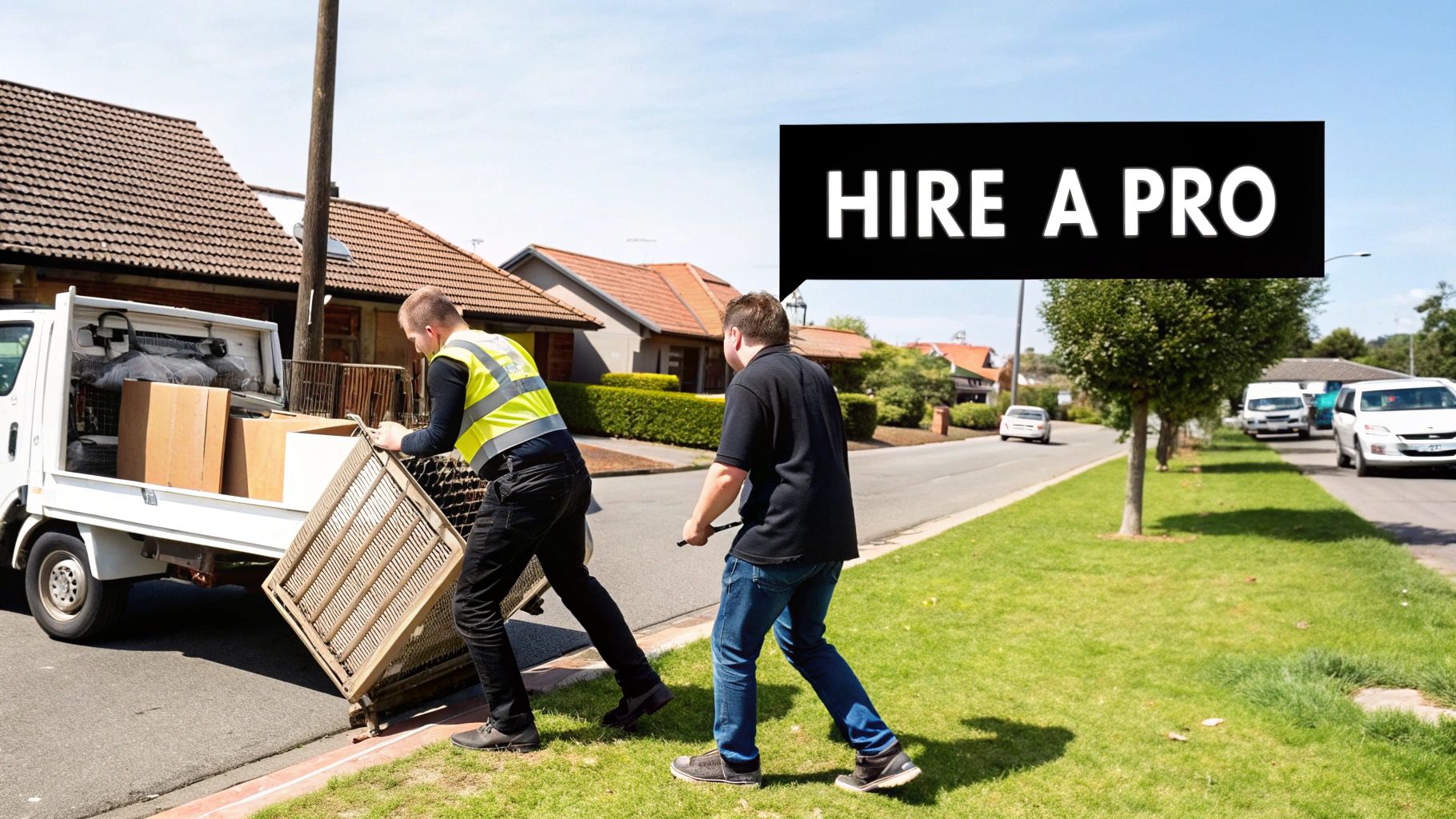 Two men loading a grill and boxes onto a white truck on a sunny residential street.