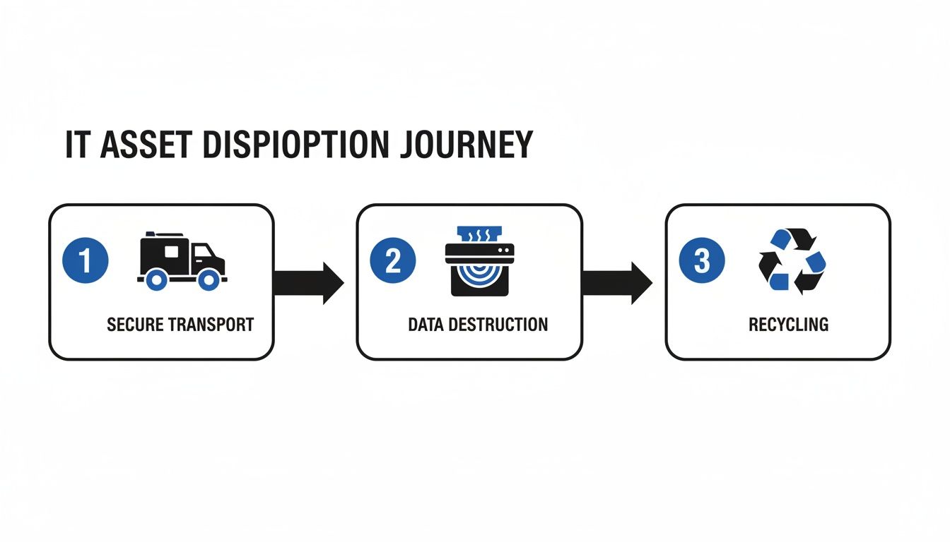 A flowchart illustrating the IT asset disposition journey: secure transport, data destruction, and recycling.