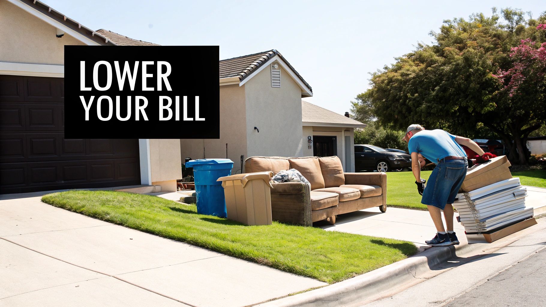 A man disposes of old furniture and items on the curb outside a house, next to a 'LOWER YOUR BILL' sign.