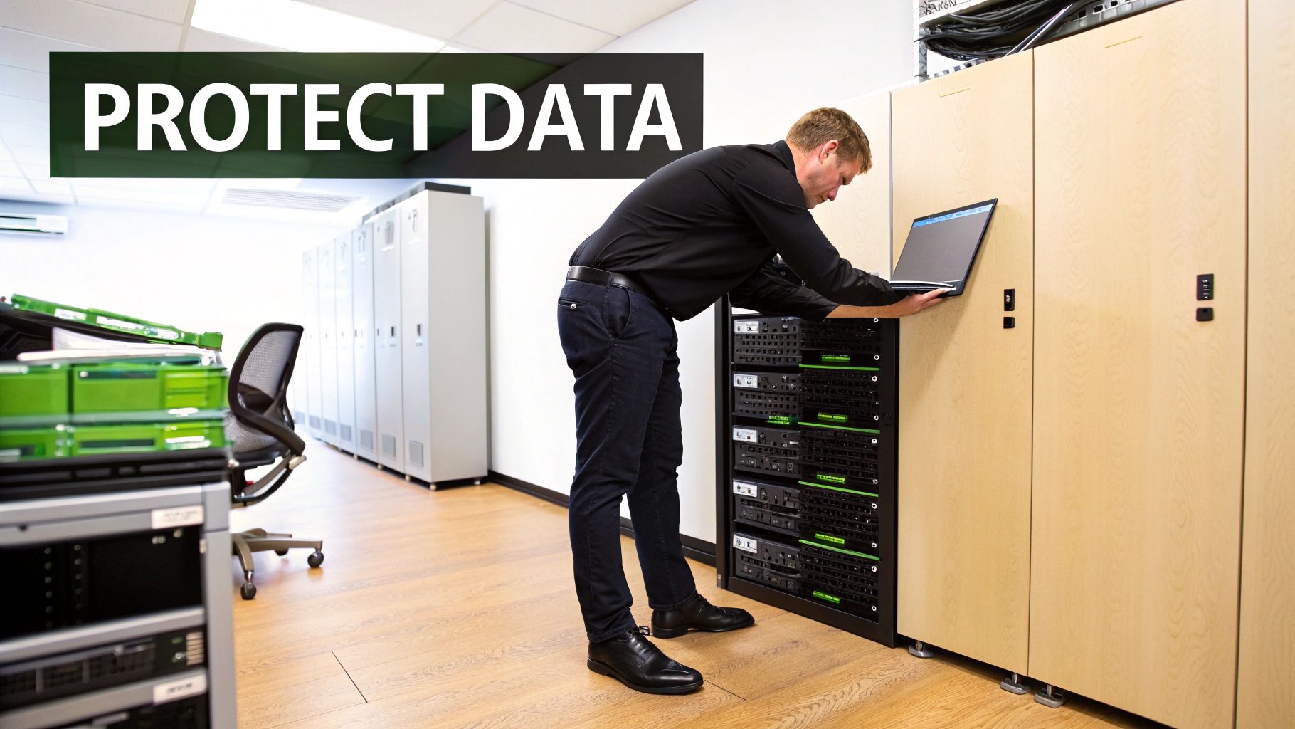 An IT professional manages server data with a laptop in a modern data center.