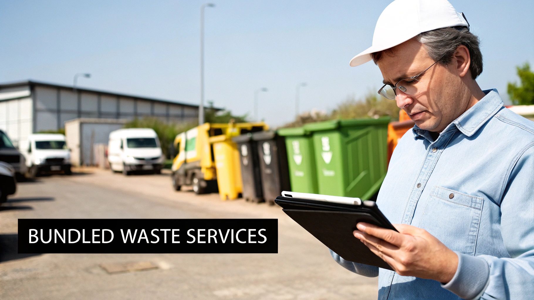 A man in a white cap and denim shirt inspects a tablet, with blurred waste bins and trucks in the background, promoting bundled waste services.