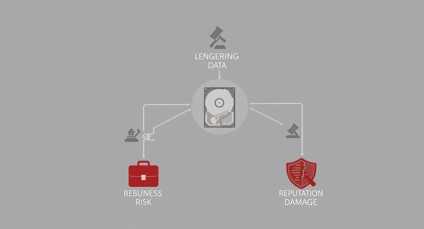 A diagram illustrating the risks of lingering data on a hard drive, leading to business risk and reputation damage.