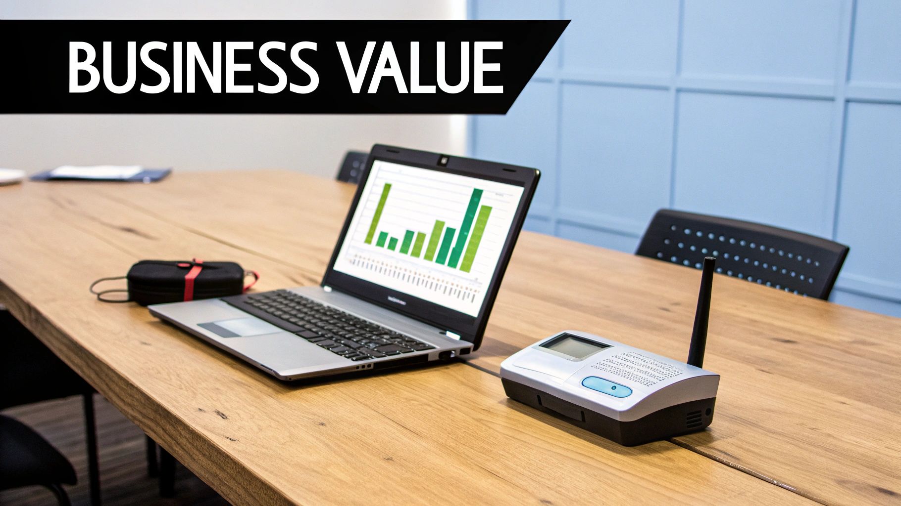 A laptop on a wooden conference table displays a business value bar graph with other devices.