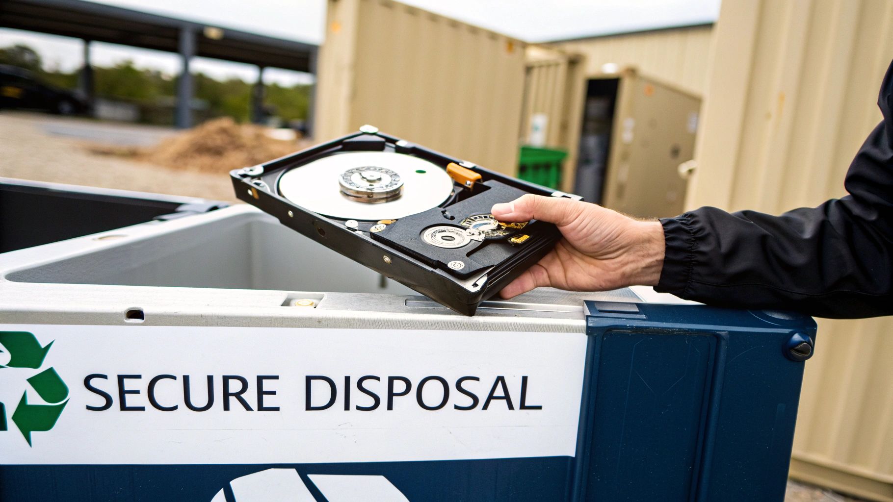 Close-up of a hand disposing of an open hard drive into a secure e-waste bin.