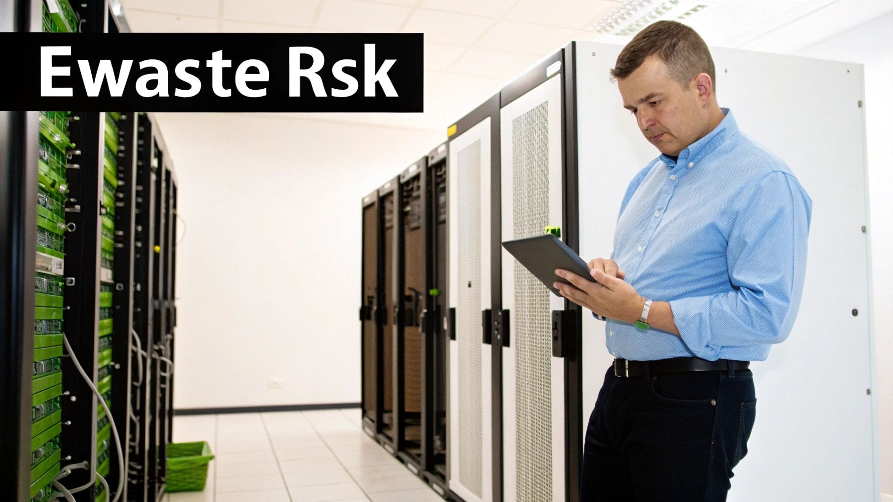 Man holding a tablet in a data center, with 'Ewaste Rsk' overlay, symbolizing electronic waste management.
