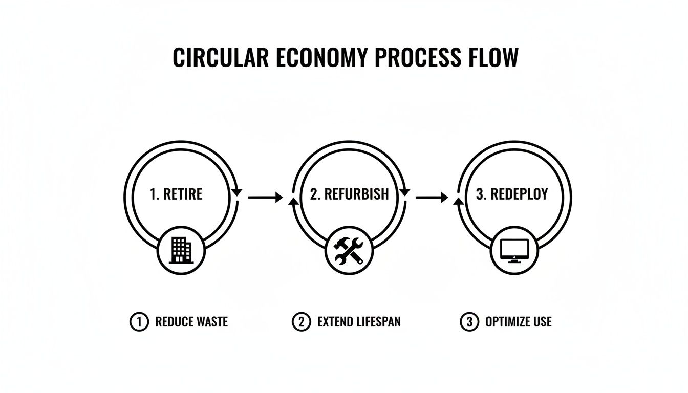 Circular economy process flow outlining steps: retire, refurbish, and redeploy to reduce waste.