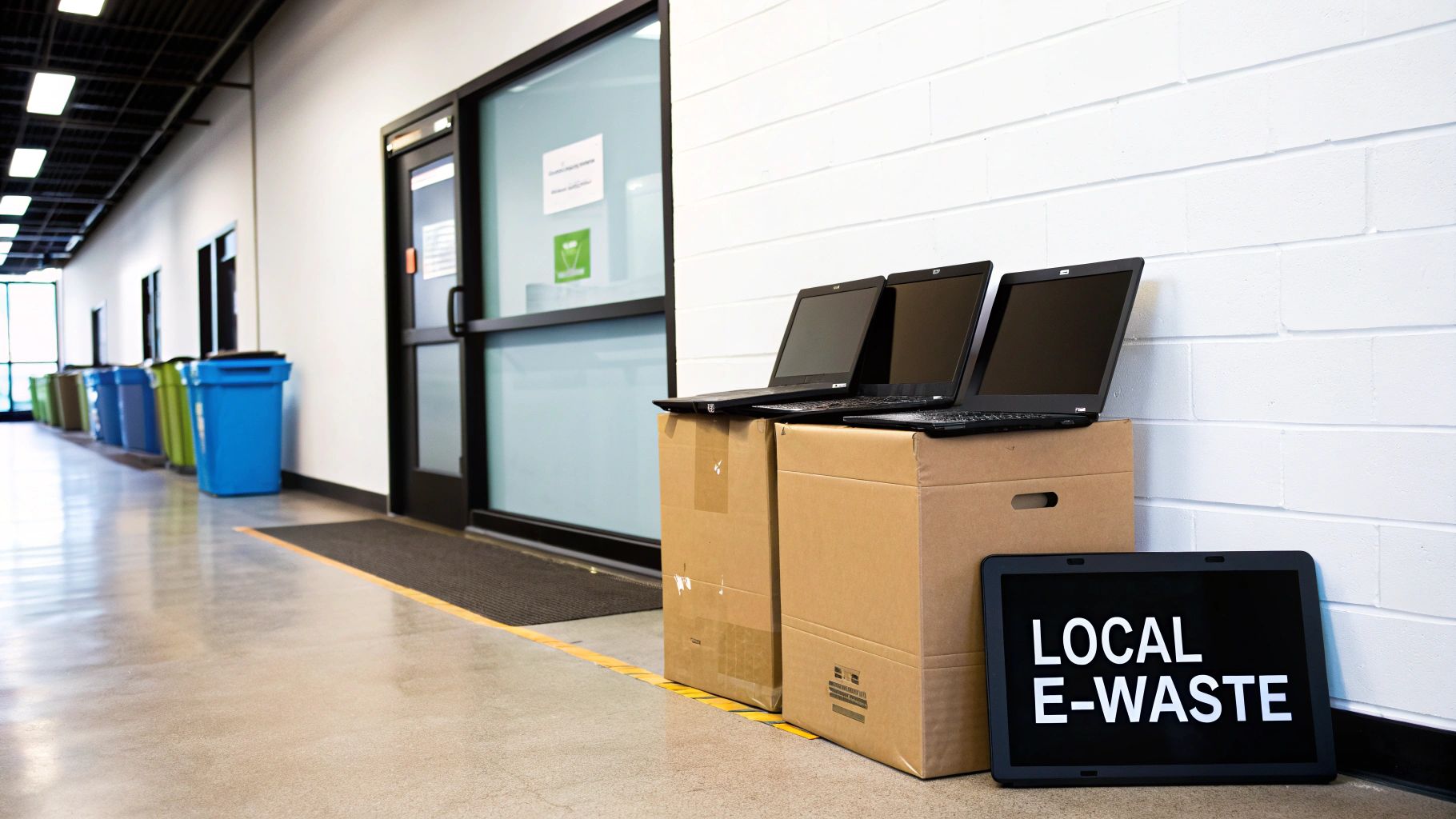 Laptops on boxes next to a 'LOCAL E-WASTE' sign, with recycling bins in a hallway.