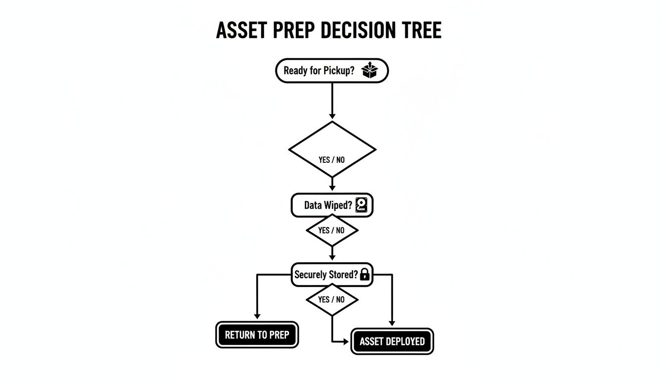 Flowchart depicting an asset preparation decision tree for electronics, covering data wiping and storage decisions.