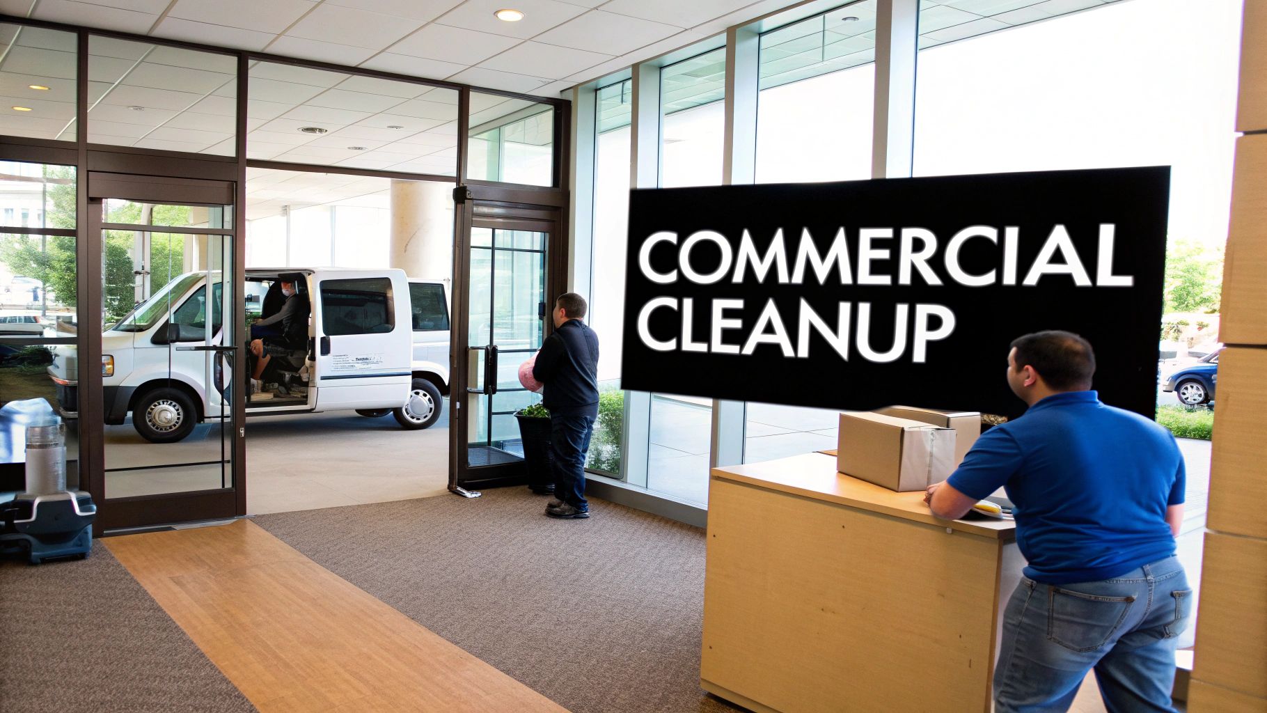 Men from a commercial cleanup service moving items into a white van from a modern office.