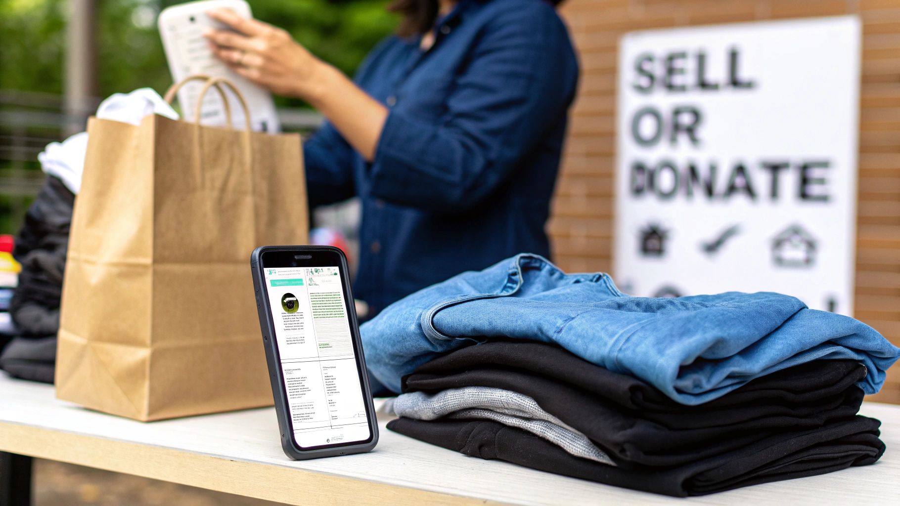 A person organizing clothes on a table next to a smartphone and a 'Sell or Donate' sign.