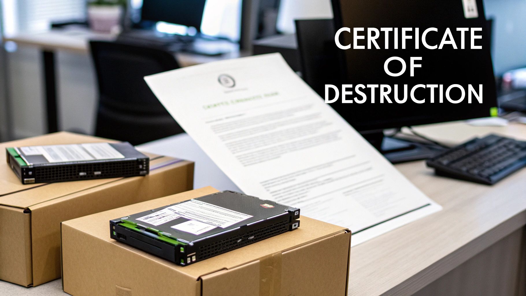 Hard drives resting on cardboard boxes, with a 'Certificate of Destruction' document and screen.