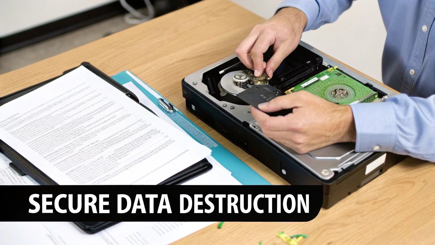 Man in blue shirt disassembling a hard drive, demonstrating secure data destruction and electronics recycling.