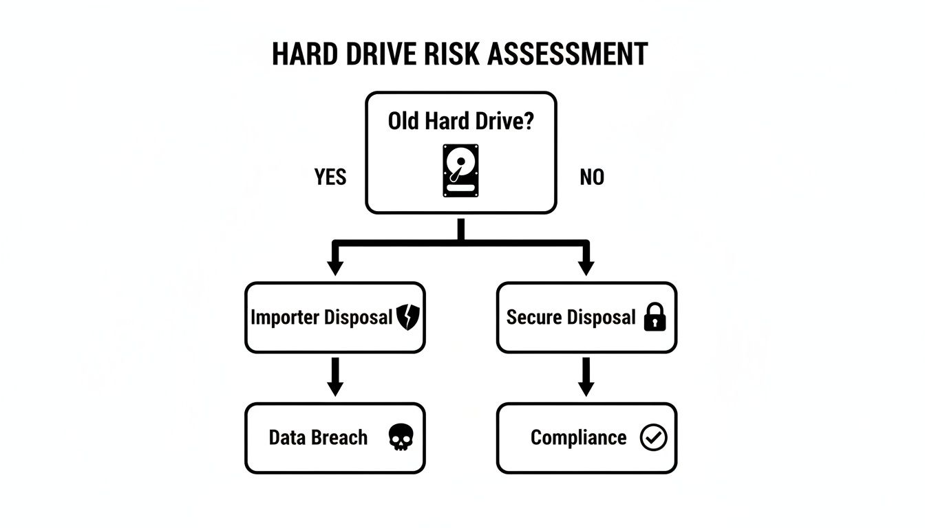 Hard drive risk assessment flowchart, contrasting old drive disposal leading to data breach versus secure disposal for compliance.