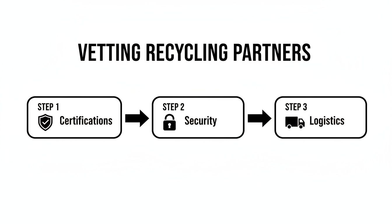 A clear infographic outlining three key steps for vetting recycling partners: Certifications, Security, and Logistics.