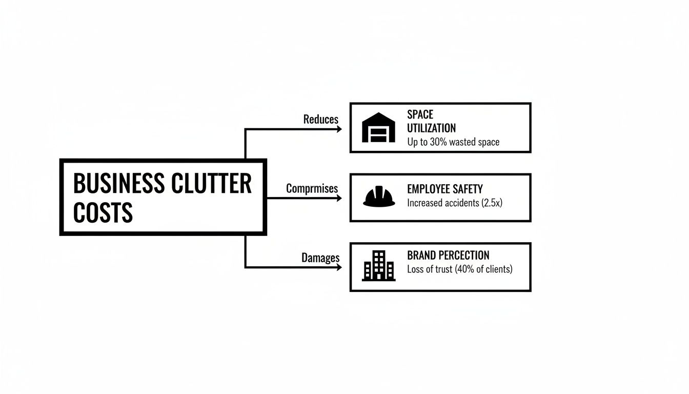 Diagram illustrating business clutter costs, impacting space utilization, employee safety, and brand perception.