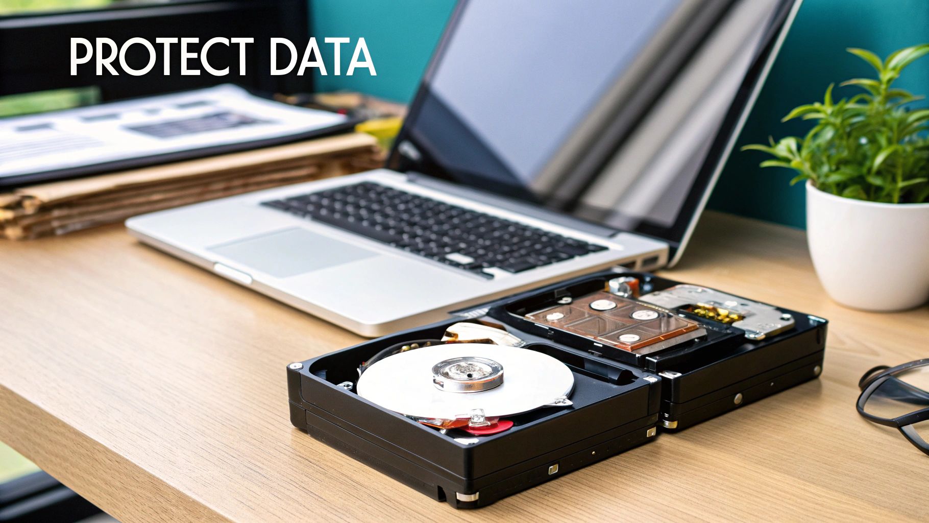 A desk with a laptop, open hard drives, documents, and a plant, suggesting data protection.