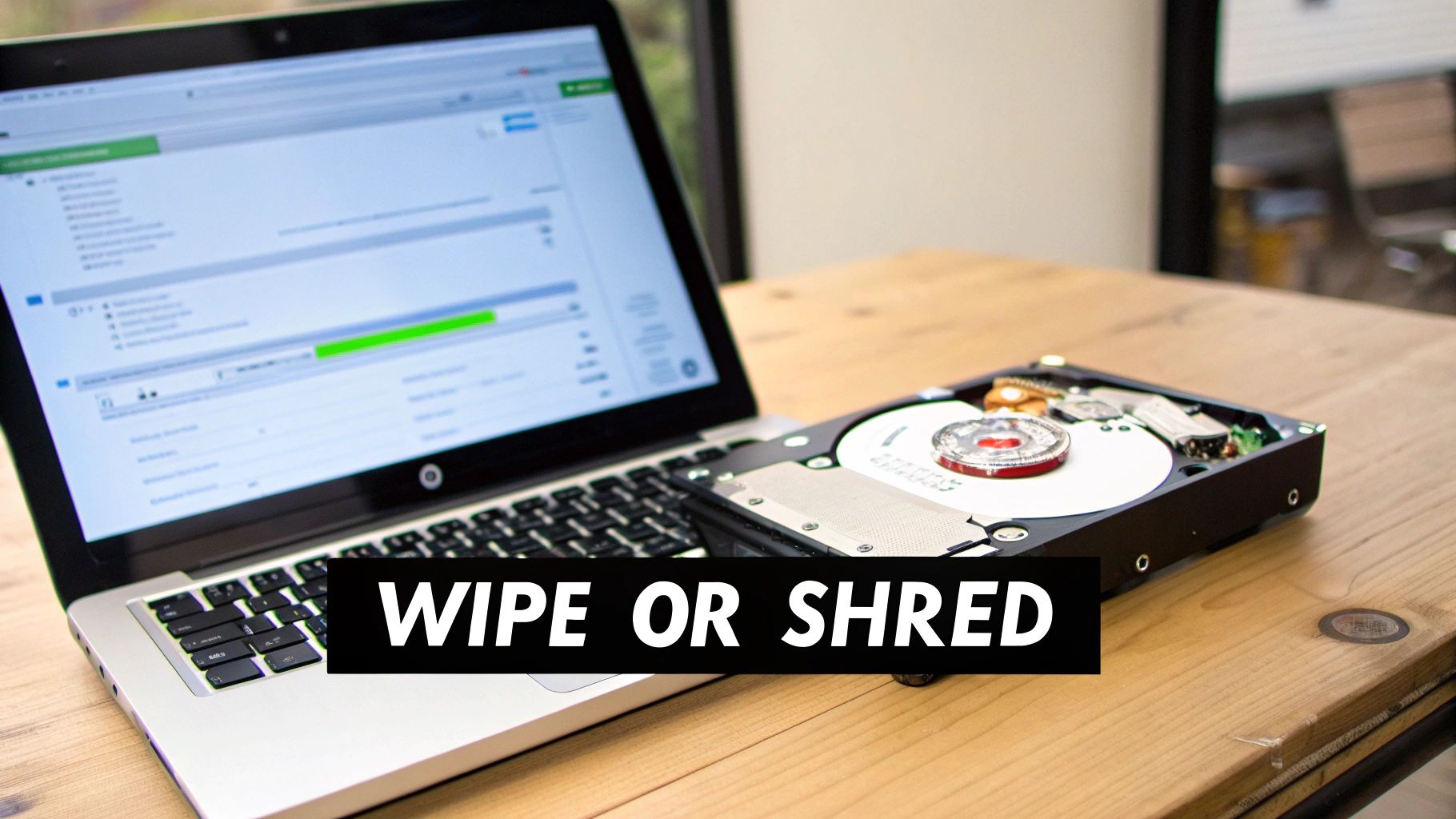 A laptop showing data on screen next to an open hard drive, illustrating data destruction methods.