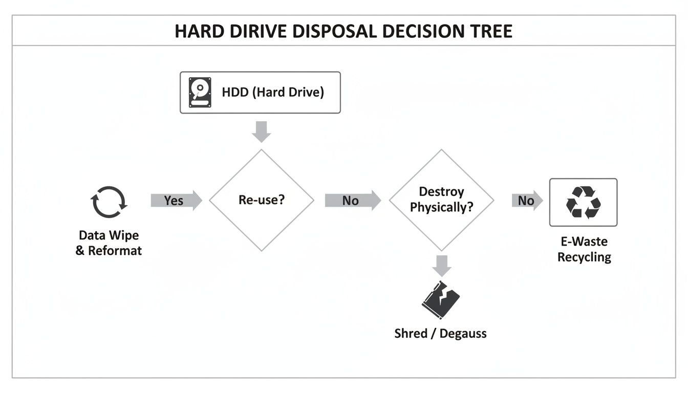 Flowchart illustrating the decision process for hard drive disposal, covering reuse, physical destruction, and e-waste recycling.