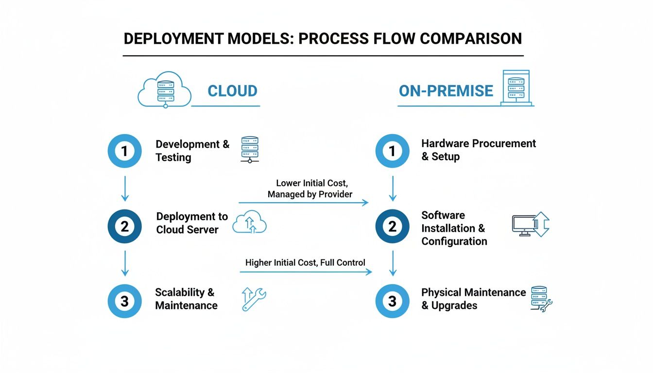 Infographic comparing Cloud and On-Premise deployment models, outlining their process flows, costs, and maintenance.