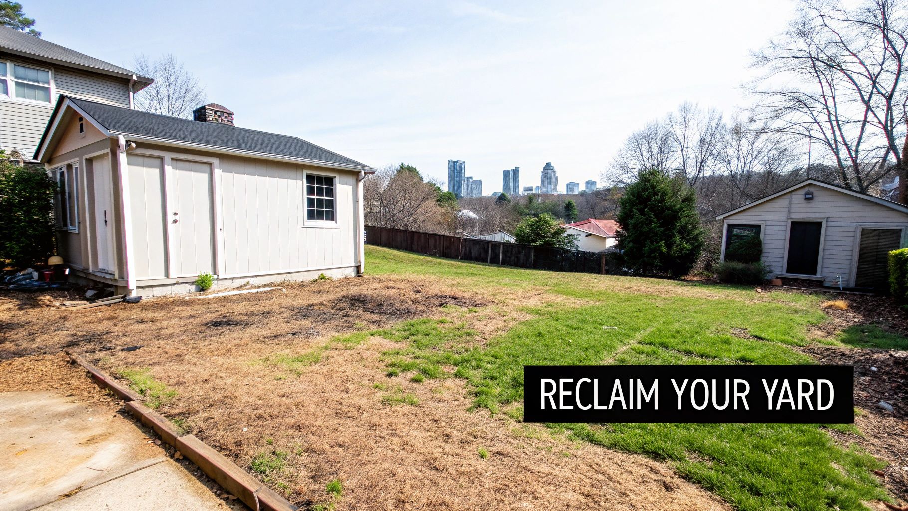 A backyard with two sheds, dry grass, and a city skyline in the background, promoting yard reclamation.