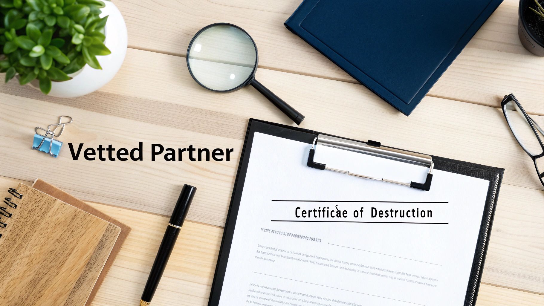 A person in blue gloves holding a hard drive over a shredding machine.