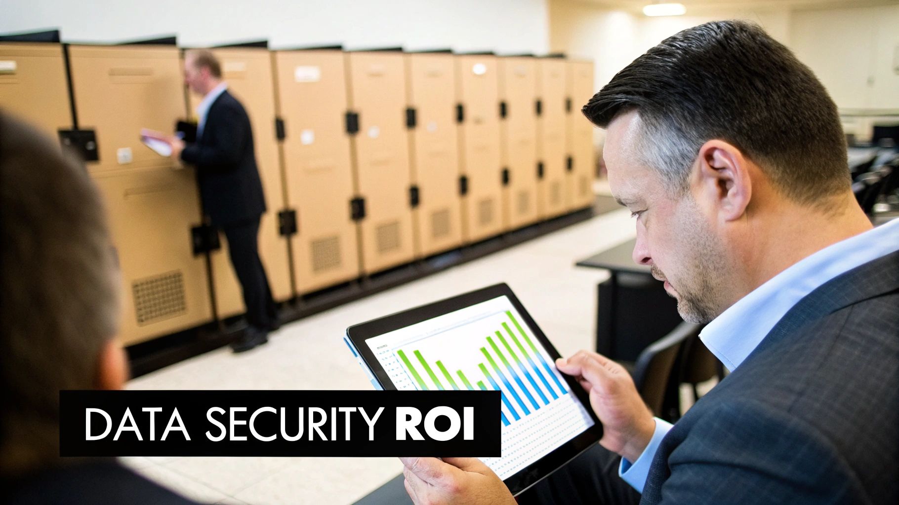 A man views a tablet displaying data security ROI graphs, with server racks in the background.