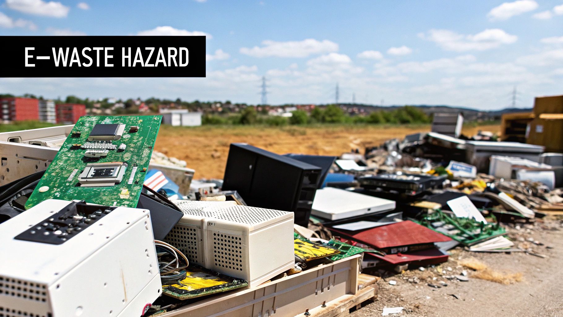 A stark image showing a large pile of discarded electronic circuit boards and computer components in a recycling facility.