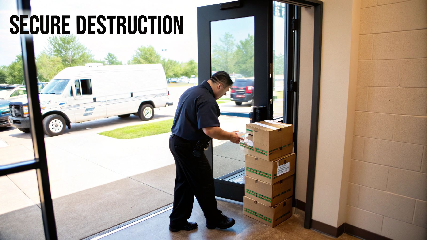 A man carries a box of documents towards a stack, ready for secure destruction service.