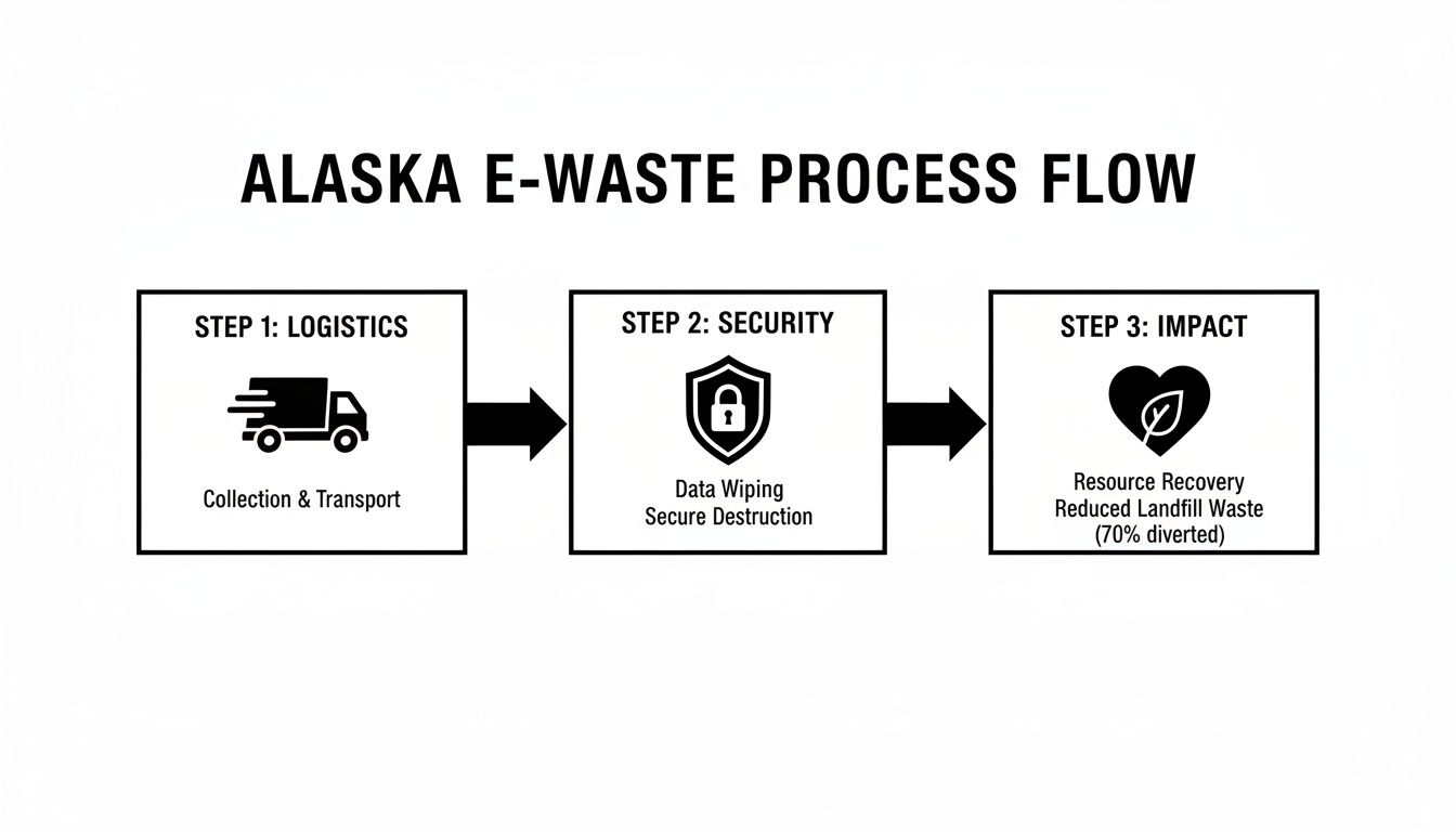Infographic showing the three-step Alaska E-Waste Process Flow: Logistics, Security, and Environmental Impact.
