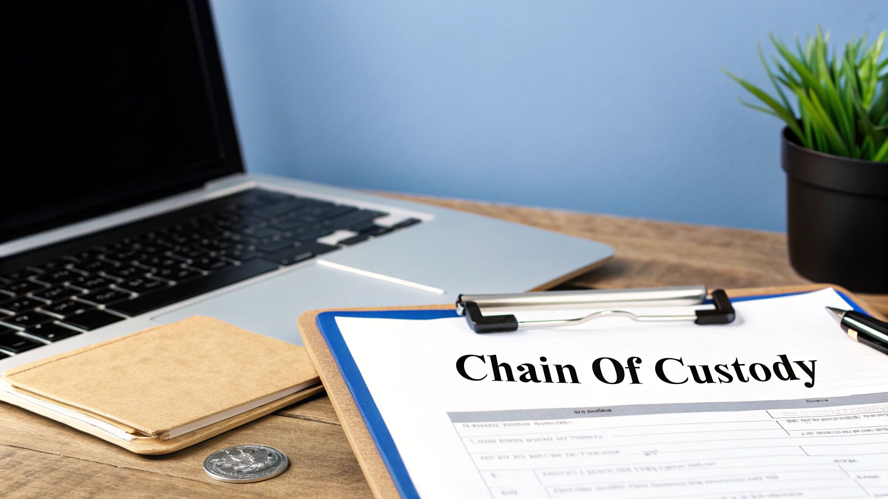 A desk with a laptop, notebook, coin, potted plant, and a 'Chain Of Custody' document.
