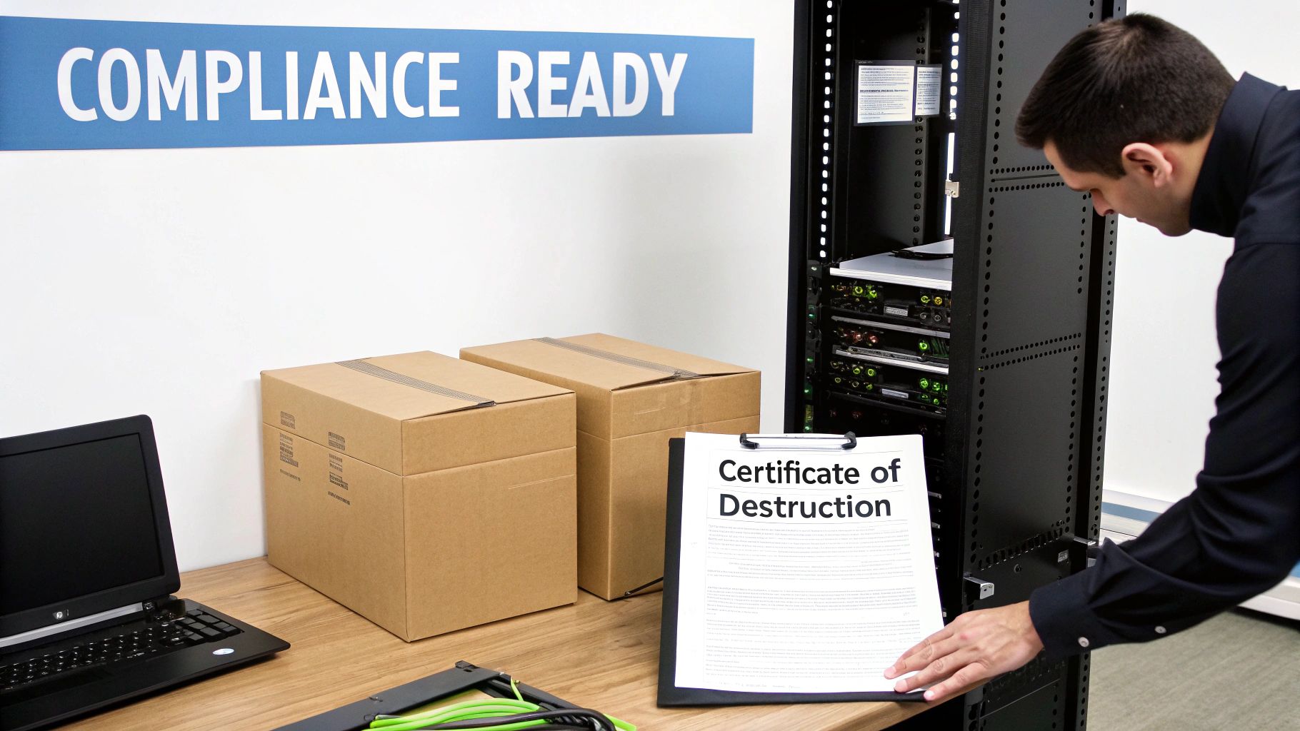 A man inspects a server rack with a 'Certificate of Destruction' on a desk, under a 'COMPLIANCE READY' sign.