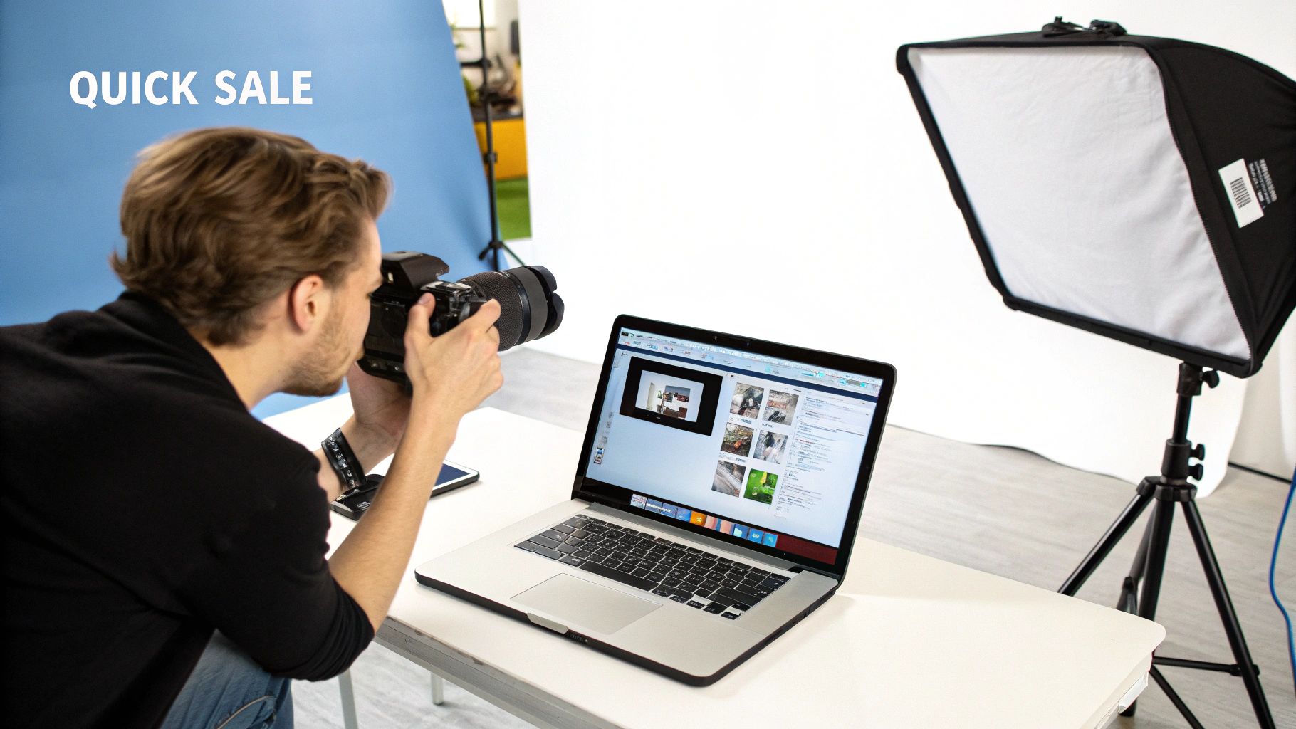 A photographer takes pictures in a studio, viewing images on a laptop next to a softbox.