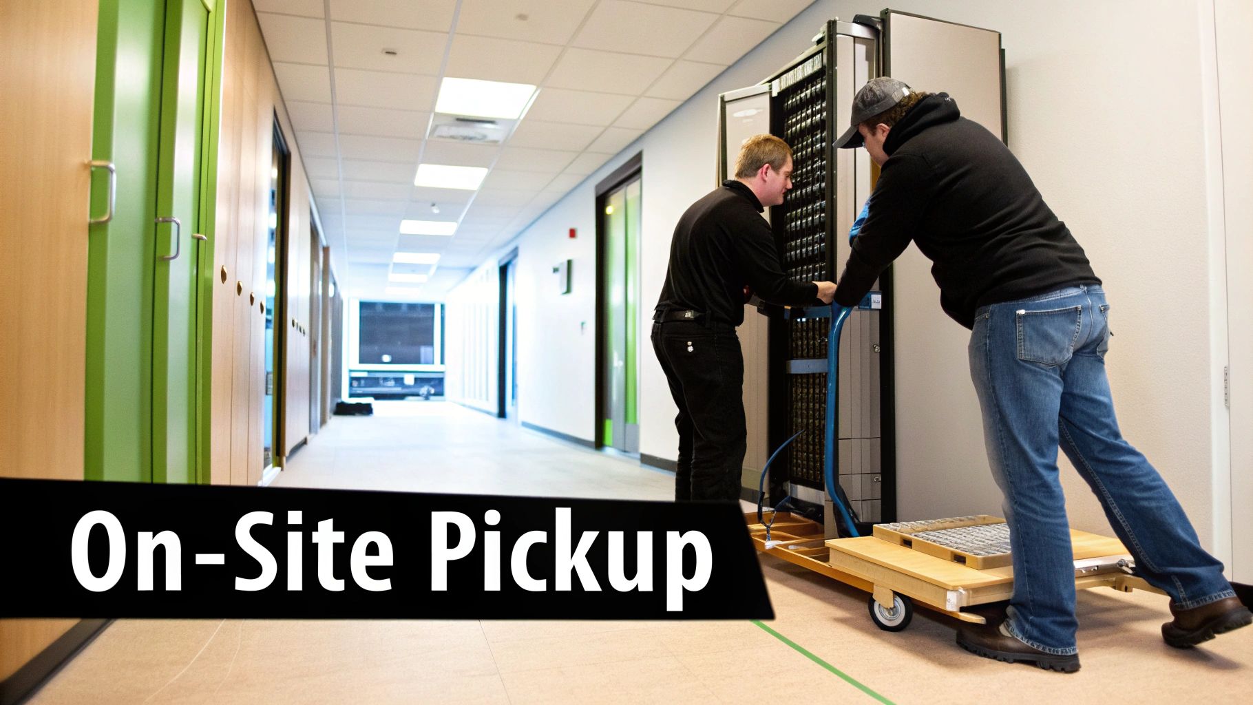 Two men moving a large server rack on a cart in a modern office hallway.