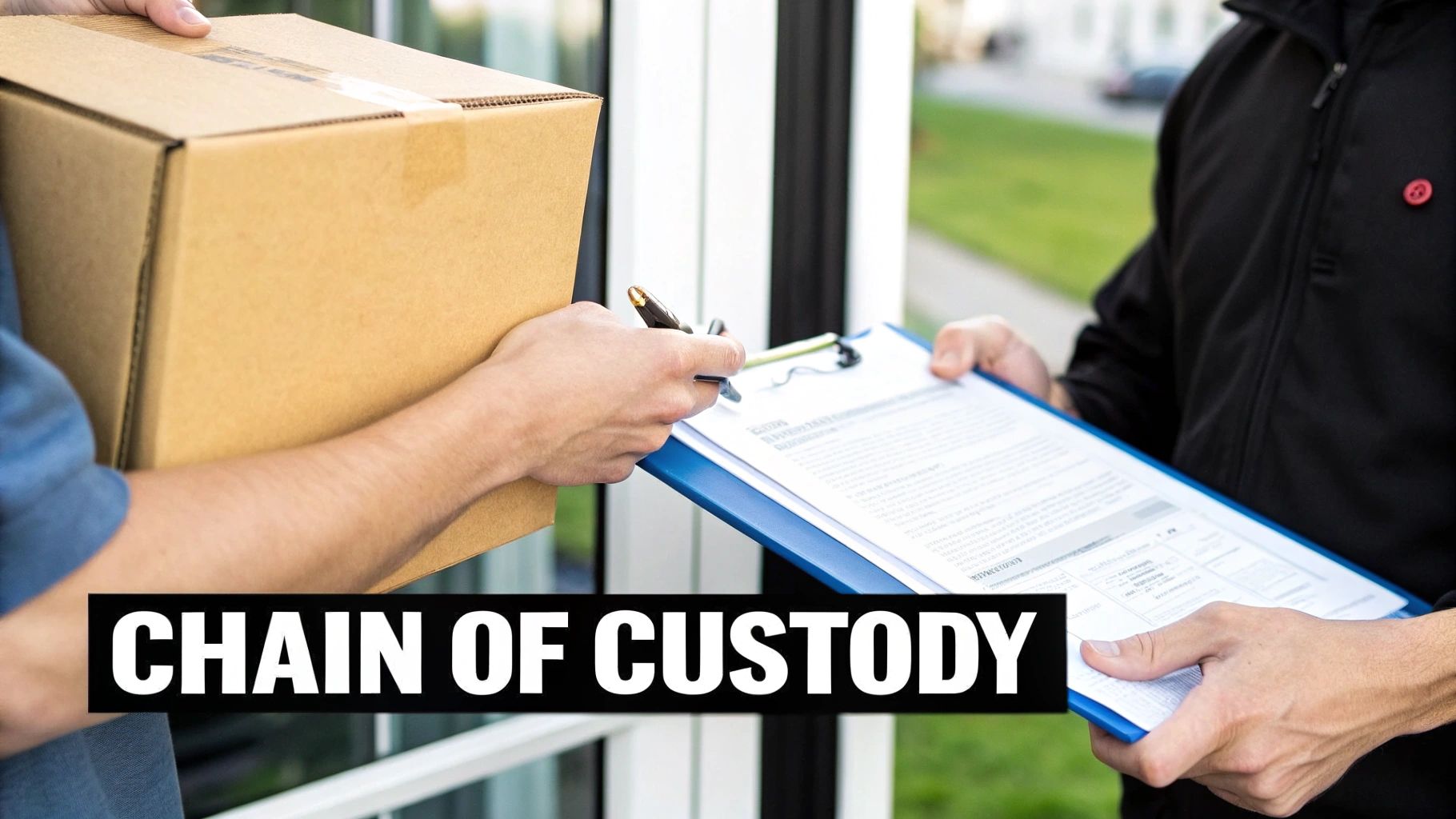 A person receives a package and prepares to sign a clipboard held by a delivery driver.