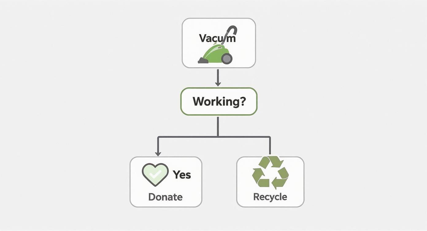 An infographic decision tree showing how to decide whether to donate or recycle a vacuum cleaner based on if it's working.