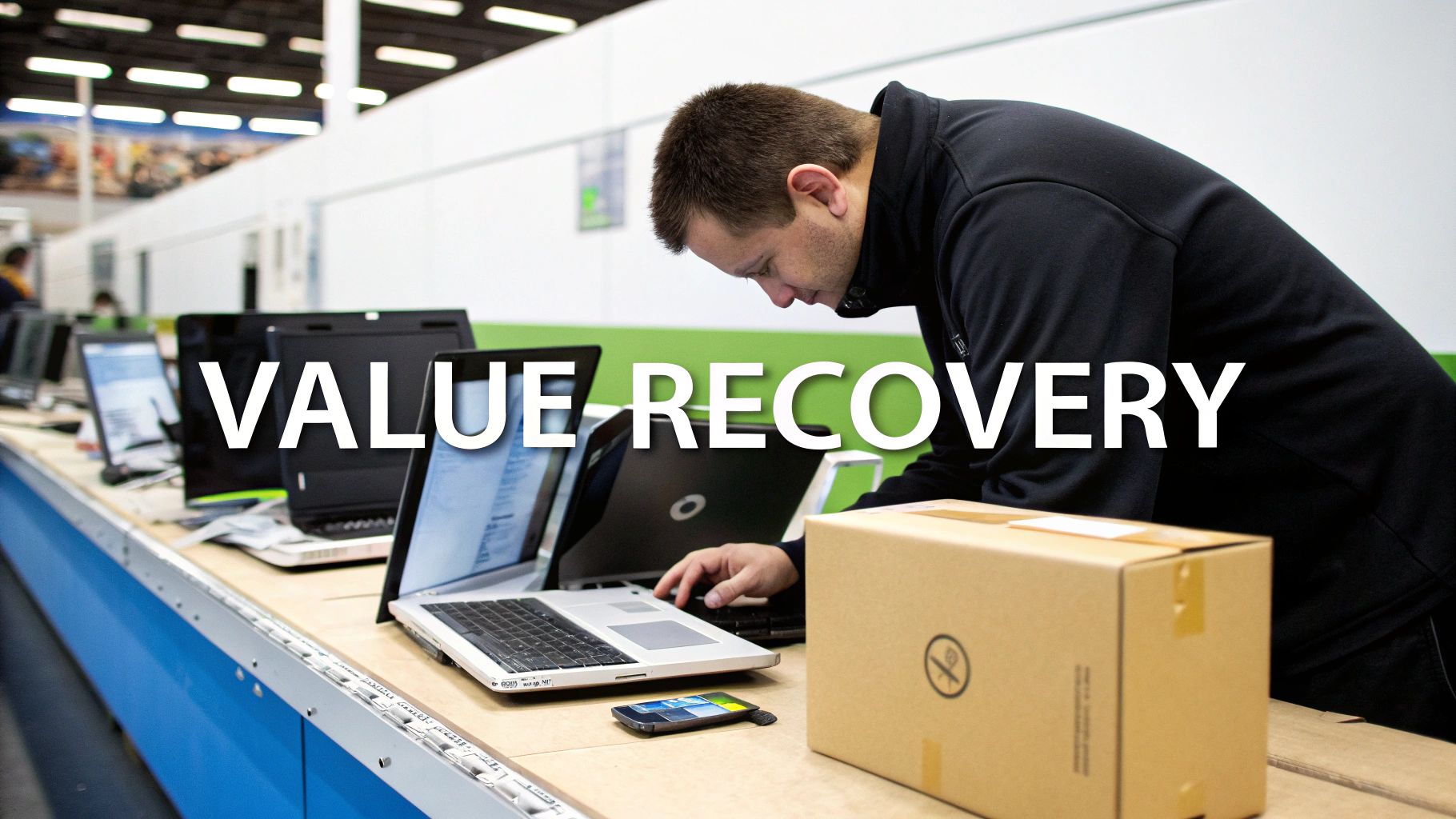 Man inspects laptops on a table at an electronics recycling facility, for value recovery.