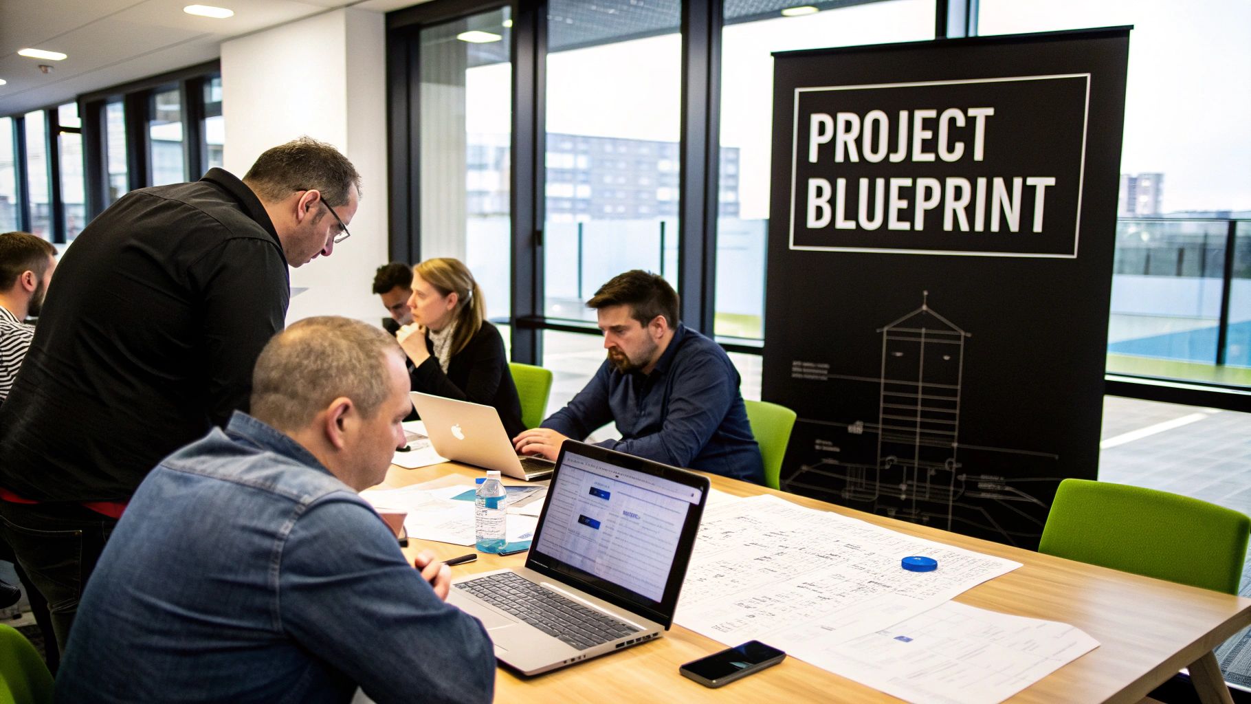 A team collaborating around a whiteboard, planning a server decommissioning process with sticky notes and diagrams.