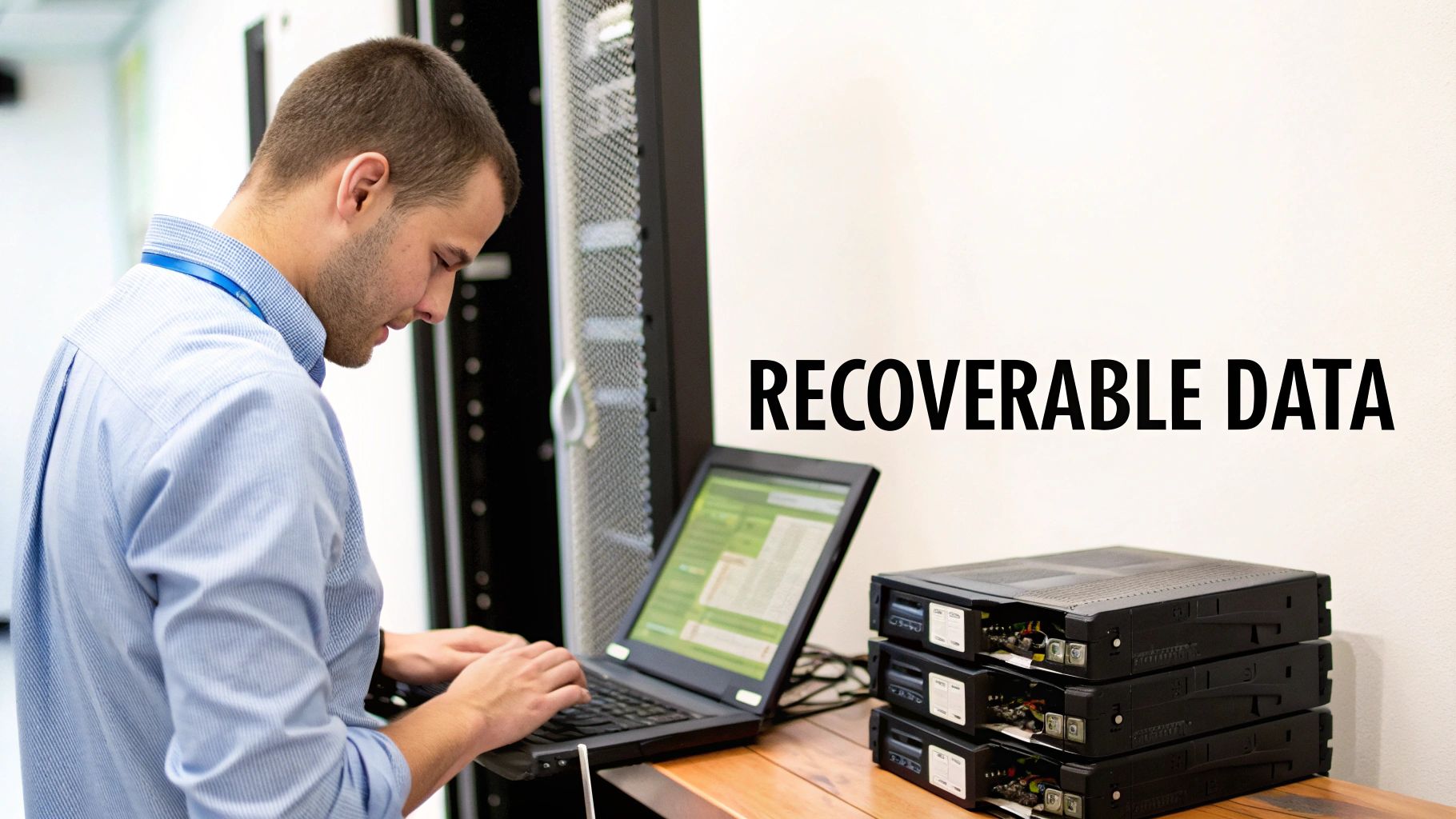 A man works on a laptop in a server room, with 'RECOVERABLE DATA' text displayed.