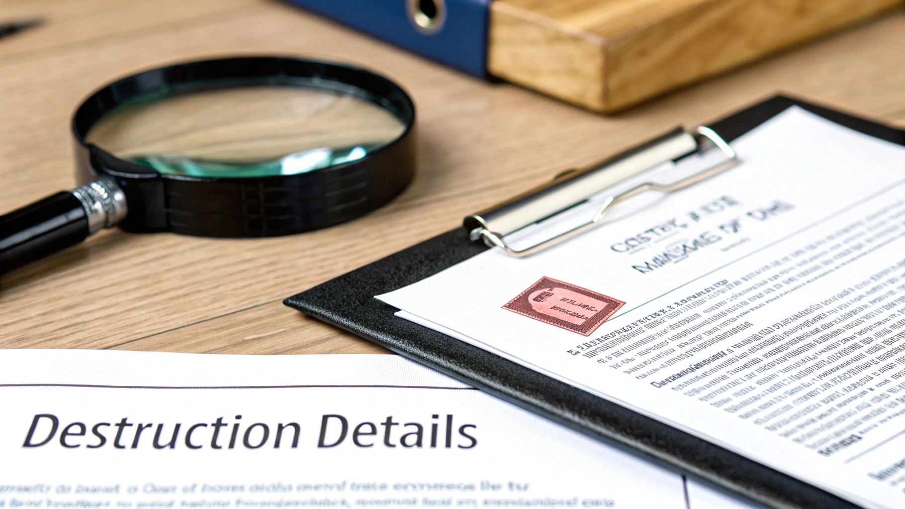 A magnifying glass lies next to official papers on a clipboard and a document titled "Destruction Details".