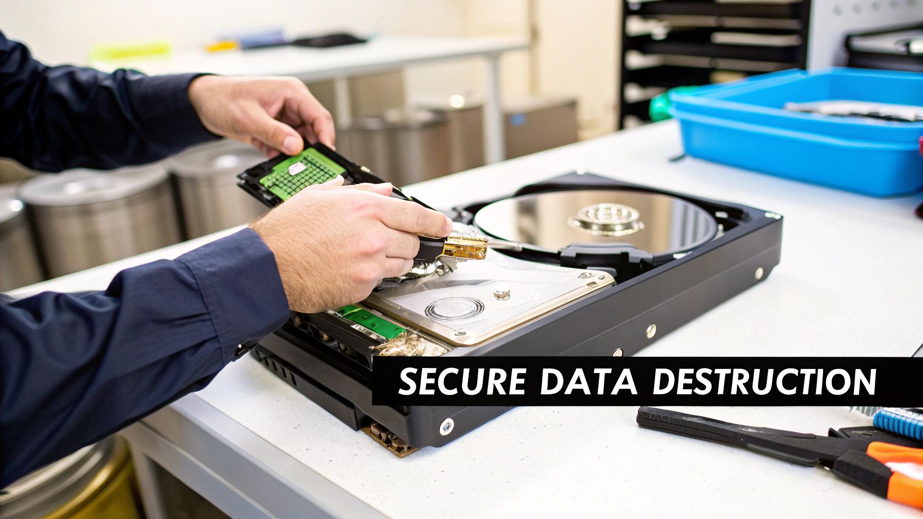 Hands disassembling a hard drive with tools, illustrating secure data destruction processes.