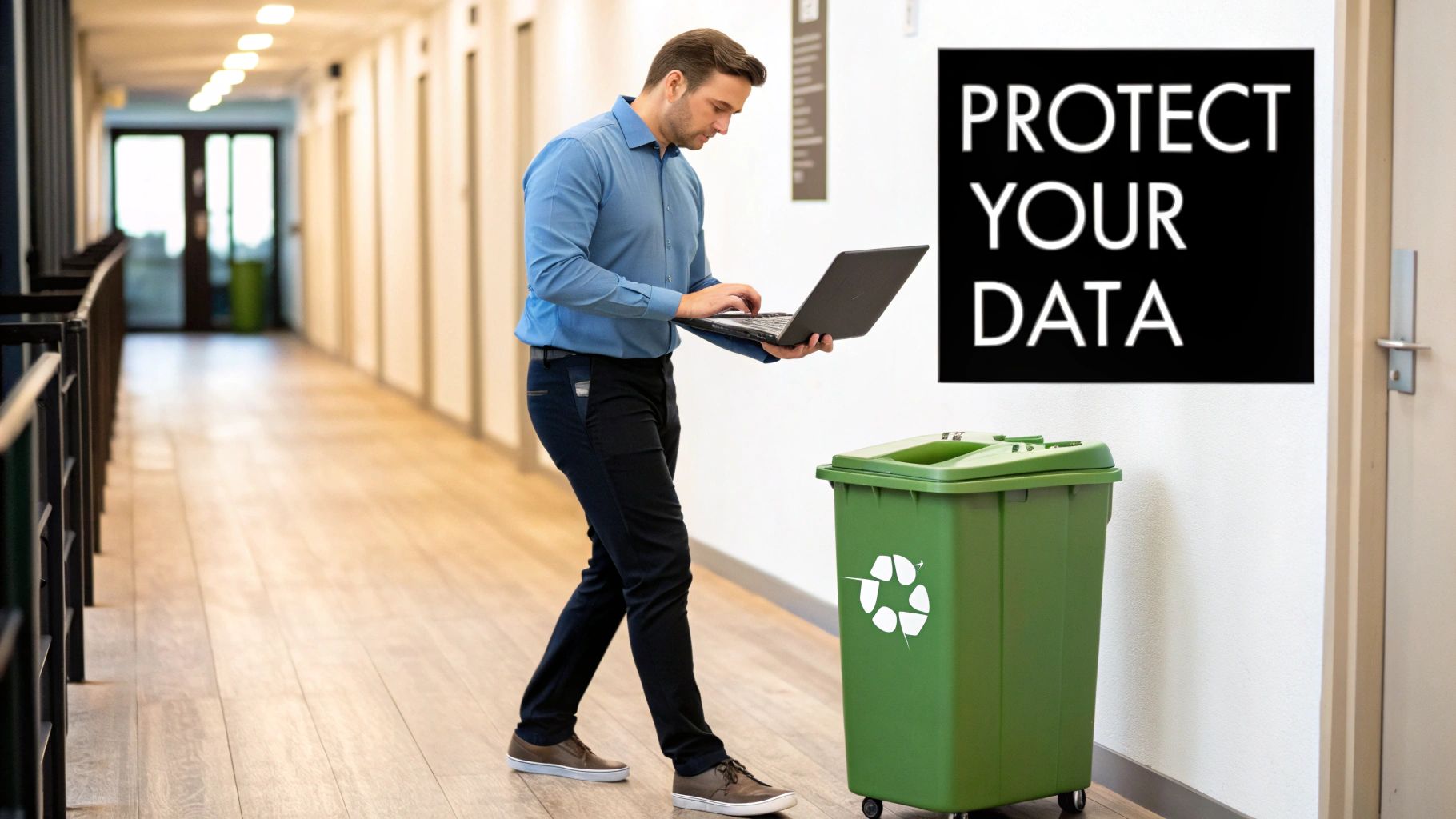 Man uses laptop next to a green recycling bin and a 'Protect Your ' sign in a hallway.