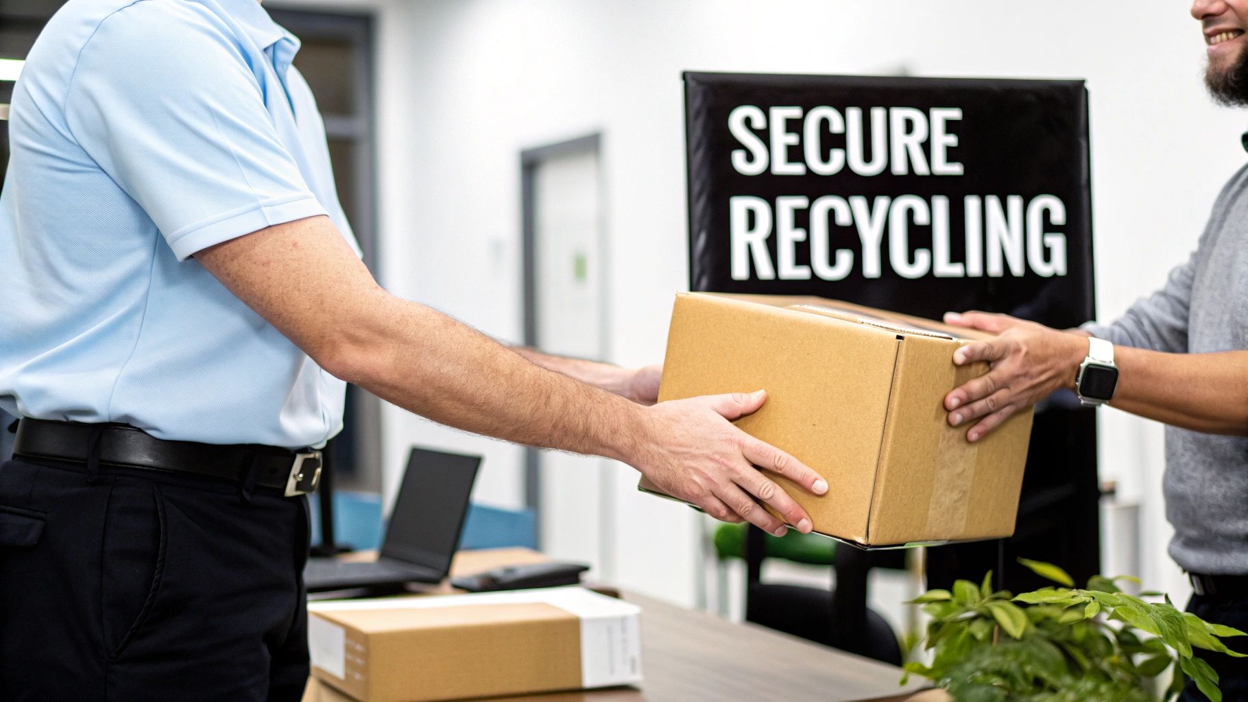 Two men exchanging a package in front of a "Secure Recycling" sign, highlighting responsible disposal.