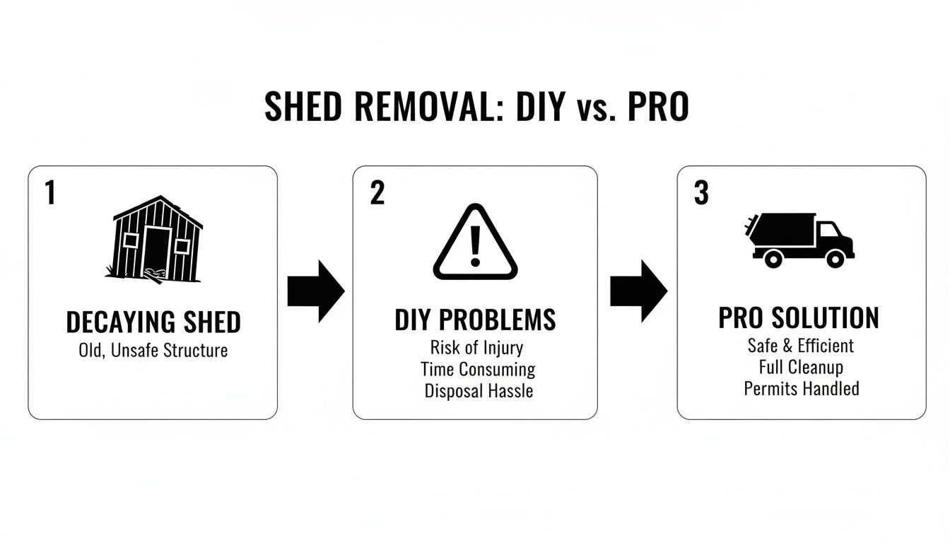 Infographic comparing DIY shed removal problems like injury and disposal hassle with professional, safe, and efficient solutions.
