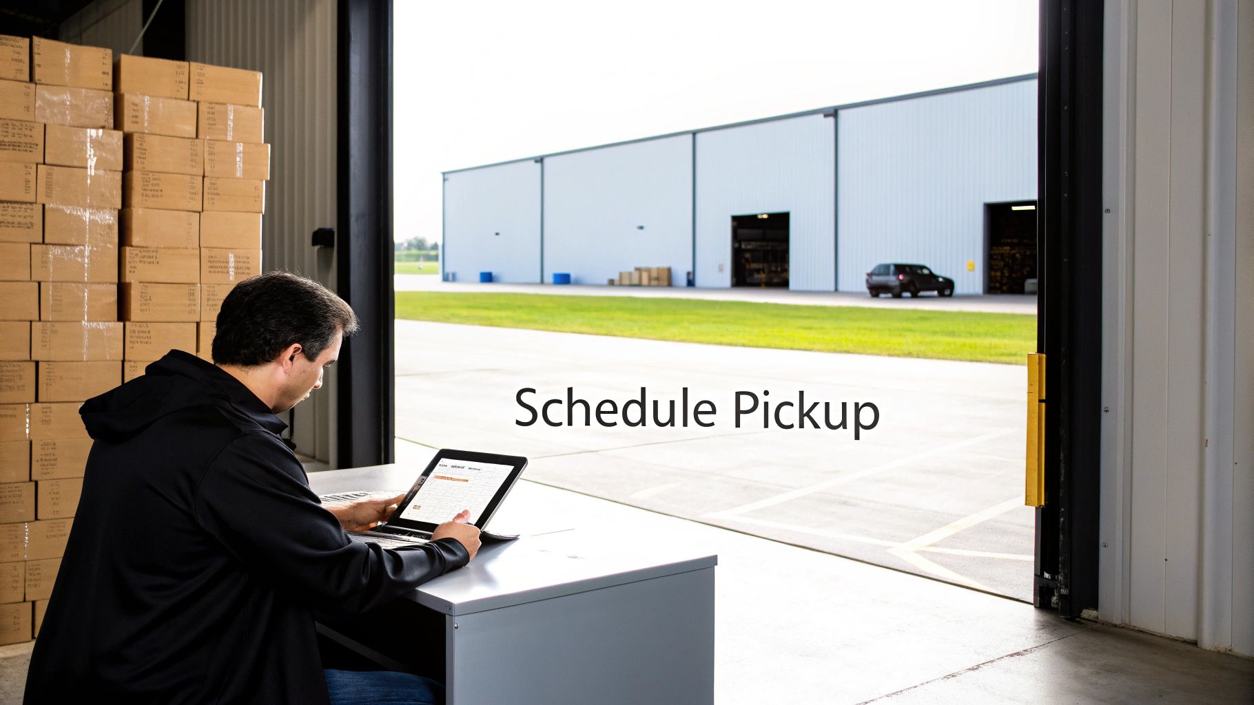 Man using a laptop at a desk in a warehouse, scheduling a pickup with cardboard boxes stacked nearby.