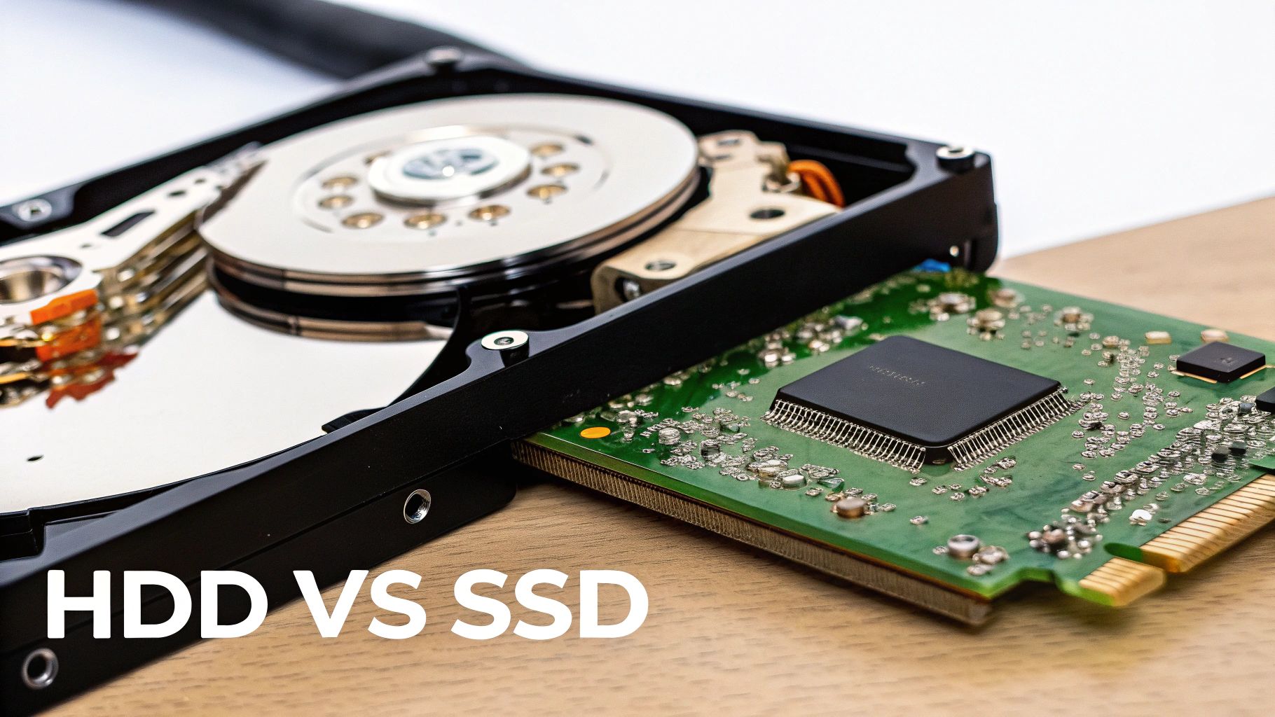 An opened hard disk drive (HDD) with its internal components and a solid-state drive (SSD) circuit board on a desk, illustrating the difference between storage types.