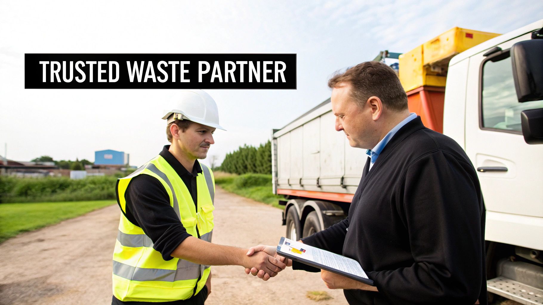 Construction worker and business professional shaking hands discussing waste management partnership at industrial site