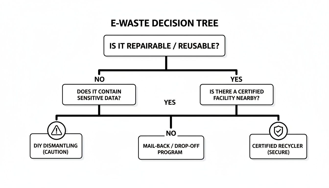 A flowchart outlining the decision process for properly disposing of e-waste based on its condition.