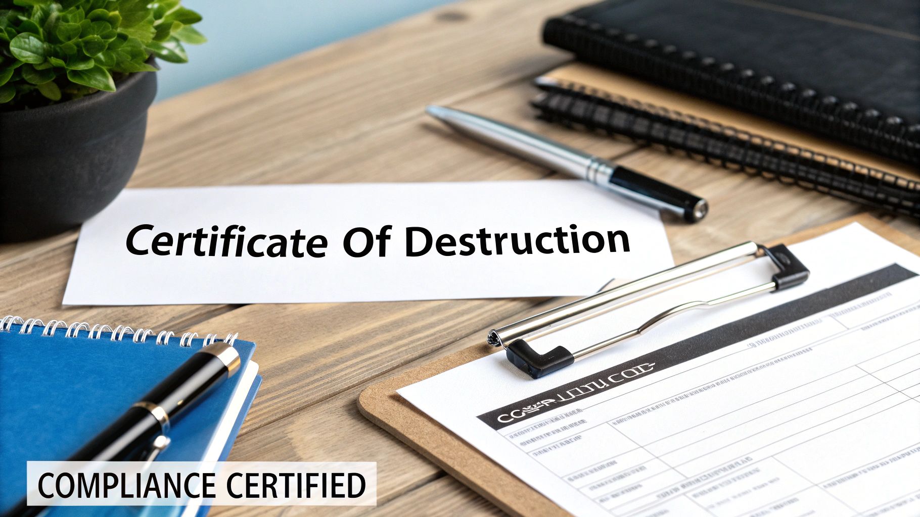 Certificate of destruction document on desk with clipboard showing compliance certified stamp for data security