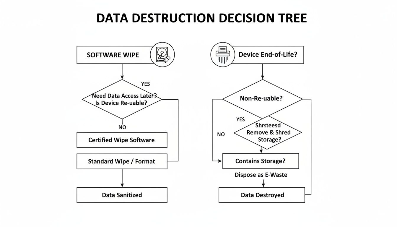 A data destruction decision tree flowchart showing steps for software wipe and device end-of-life.