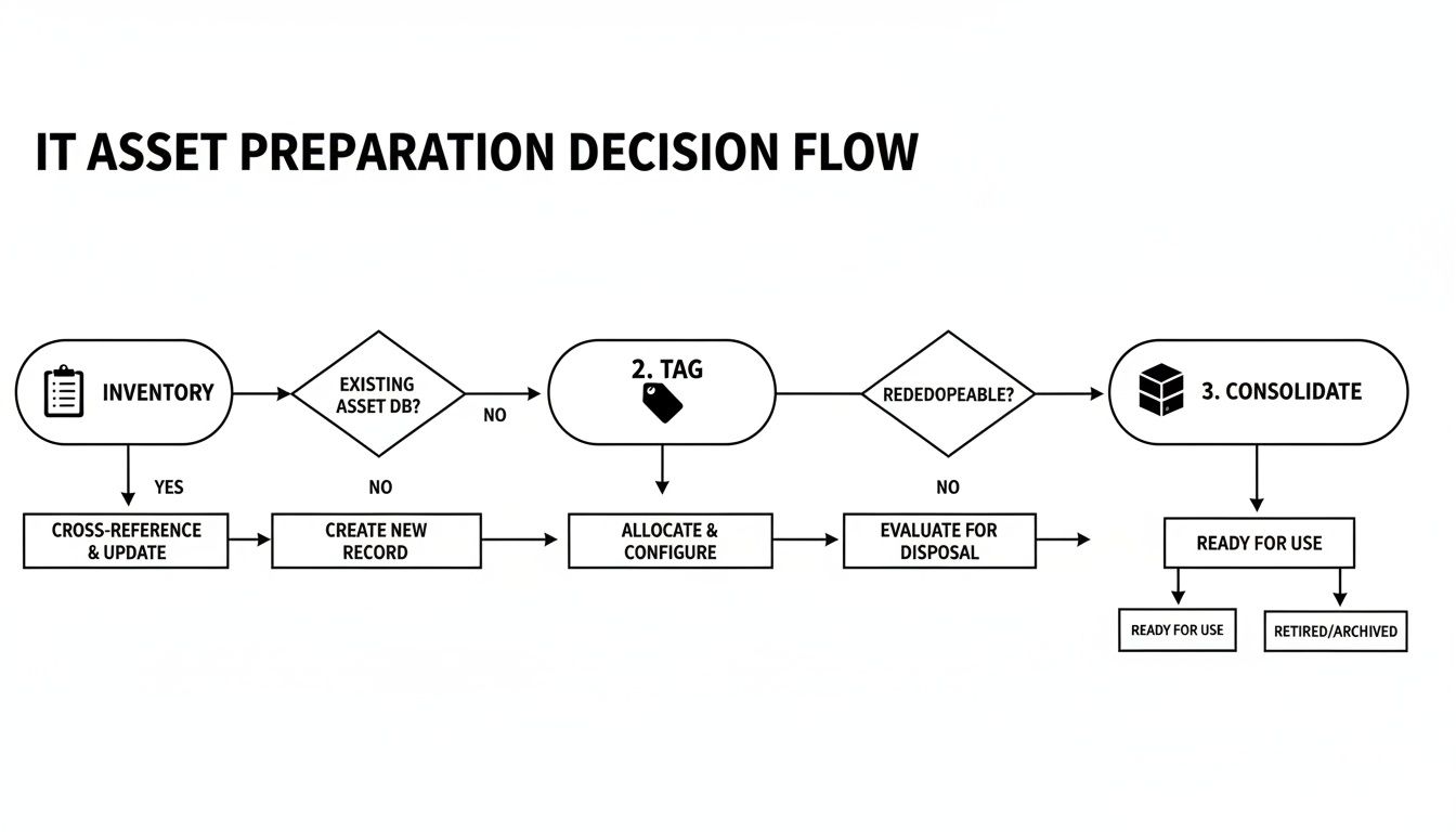 A flowchart detailing the IT Asset Preparation Decision Flow, covering inventory, tagging, and consolidation processes.